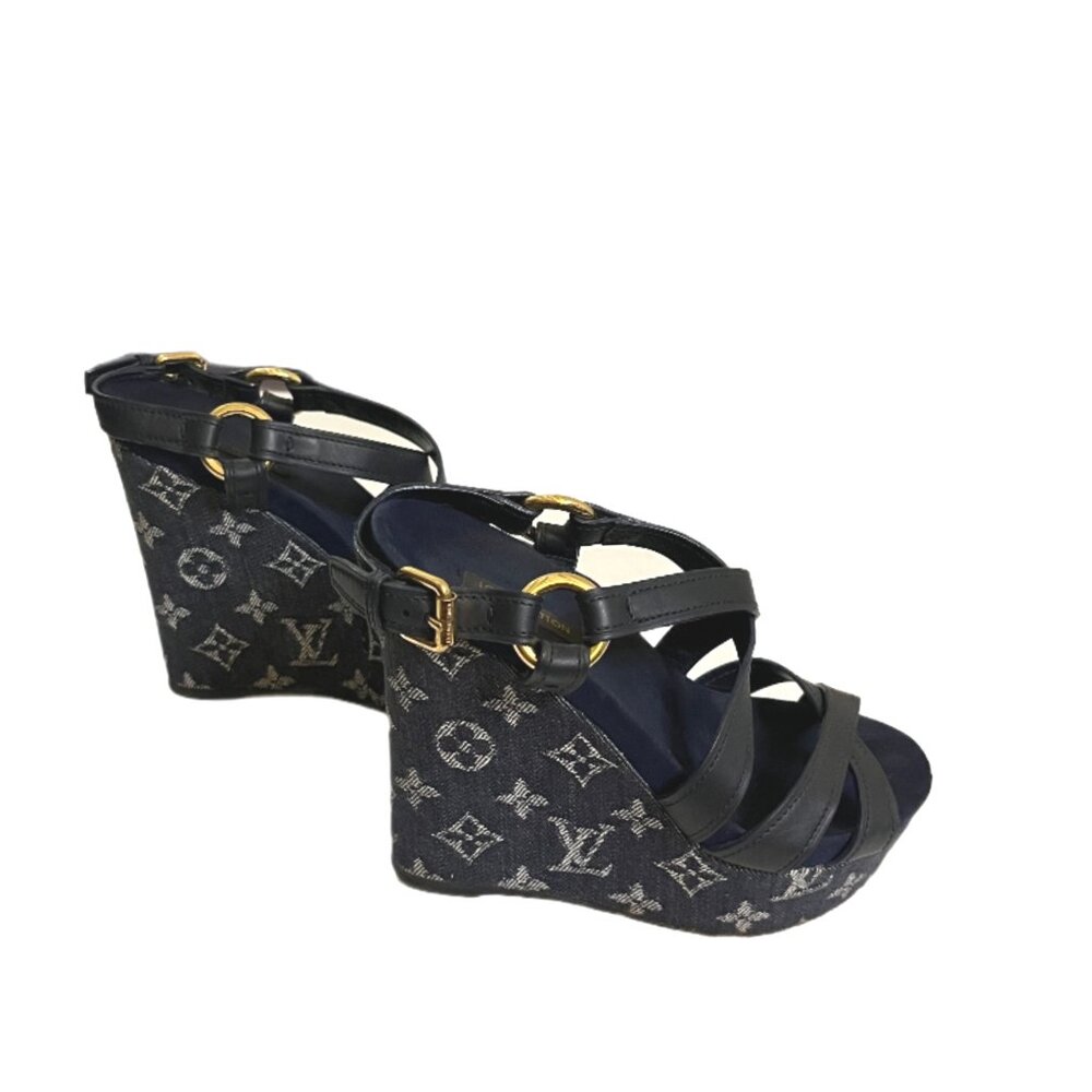 Louis Vuitton Navy Blue LV Monogram Denim & Leather Wedge Sandals Size 36/US 6